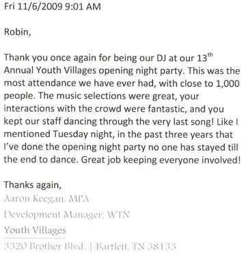 Rockin' Robin DJs Customer thank you note