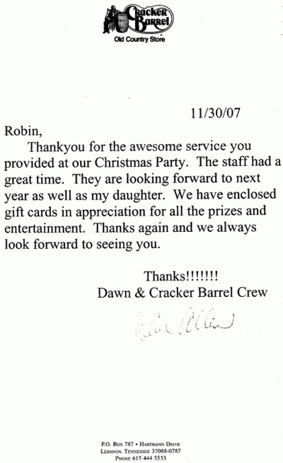Rockin' Robin DJs Customer thank you note